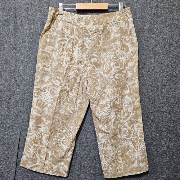 Coldwater Creek Cropped Pants Womens Size 8 Linen Blend Gold Floral Wide Leg - Picture 9 of 16